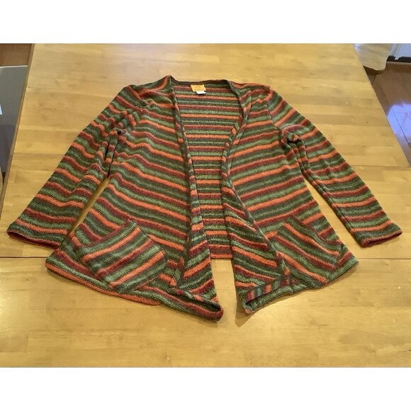 Ruby Rd Cardigan Sweater Size Medium Open Front Orange Green Striped Pockets - Picture 4 of 10